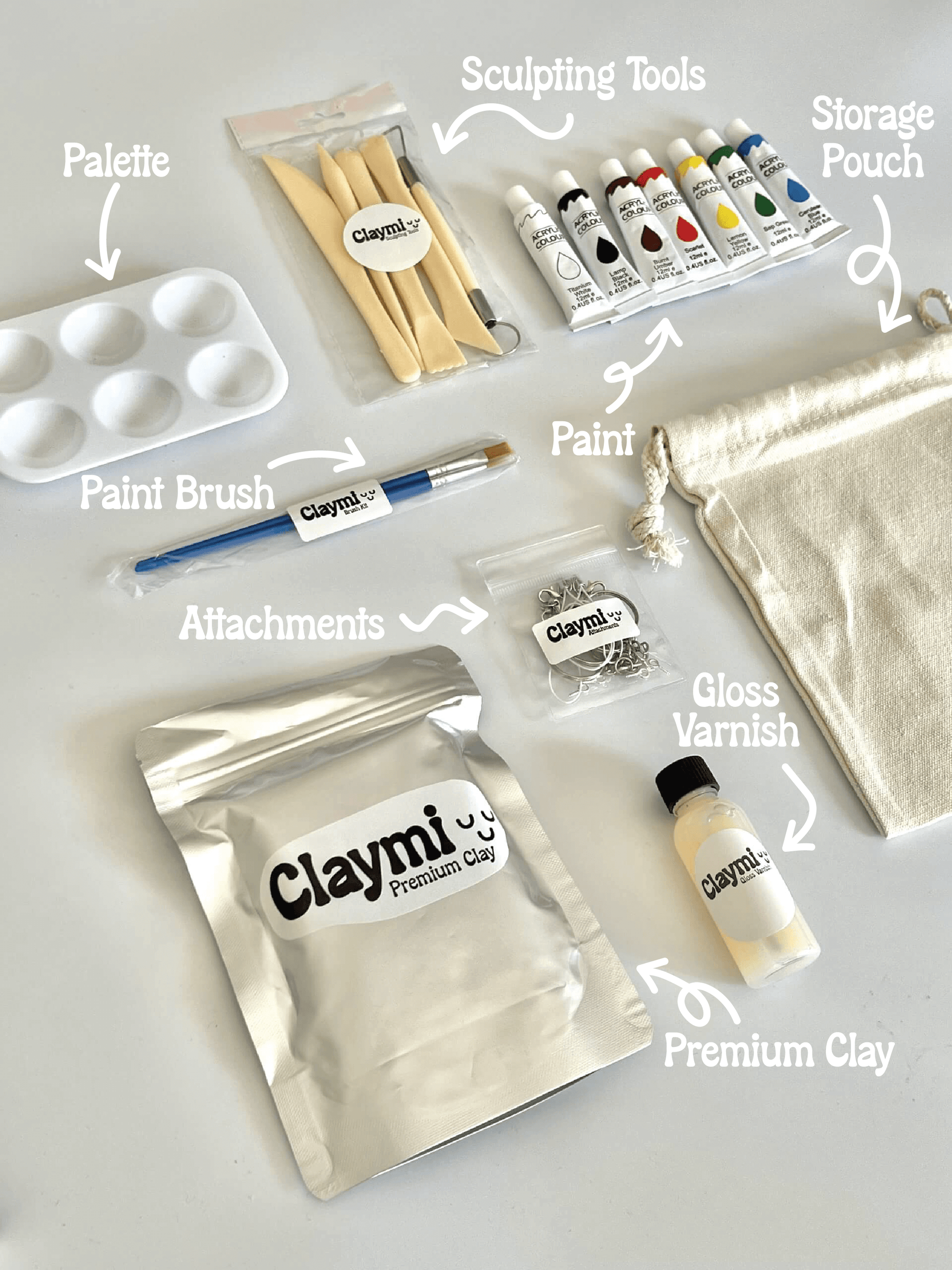 Claymi product set including palette, paint brush, paint, storage pouch, attachments, premium clay, and gloss varnish on a white background.