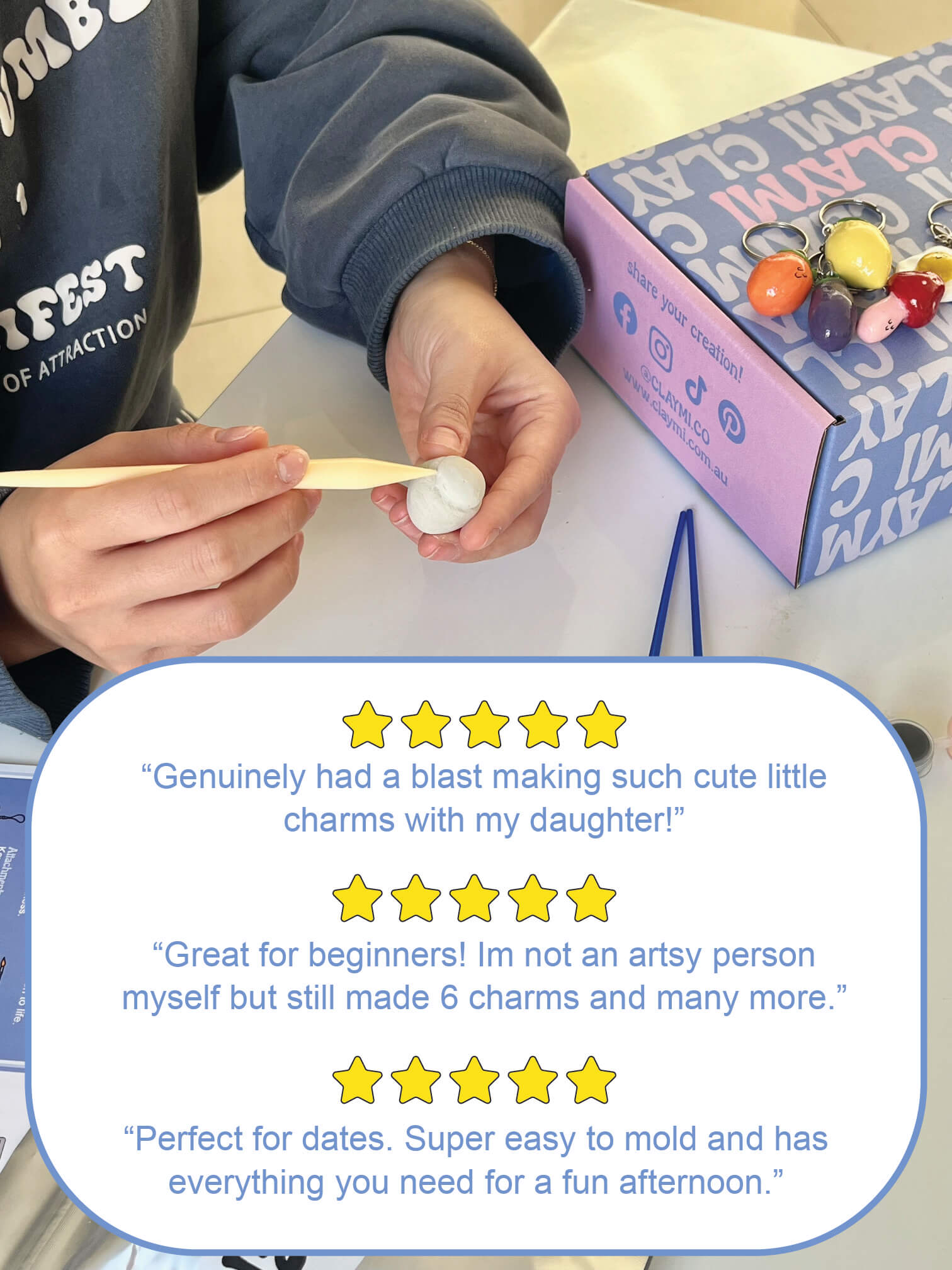 Reviews of Australia's favourite DIY clay charm kit for the best activity-based gift for families, mums, girls, girlfriends, and all. Perfect for date night activity, Beginners, and fun overall.